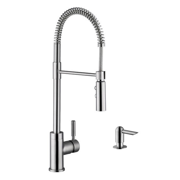 CAHABA CA6113SS SINGLE HANDLE PULL DOWN INDUSTRIAL STYLE FAUCET WITH SOAP DISPENSER