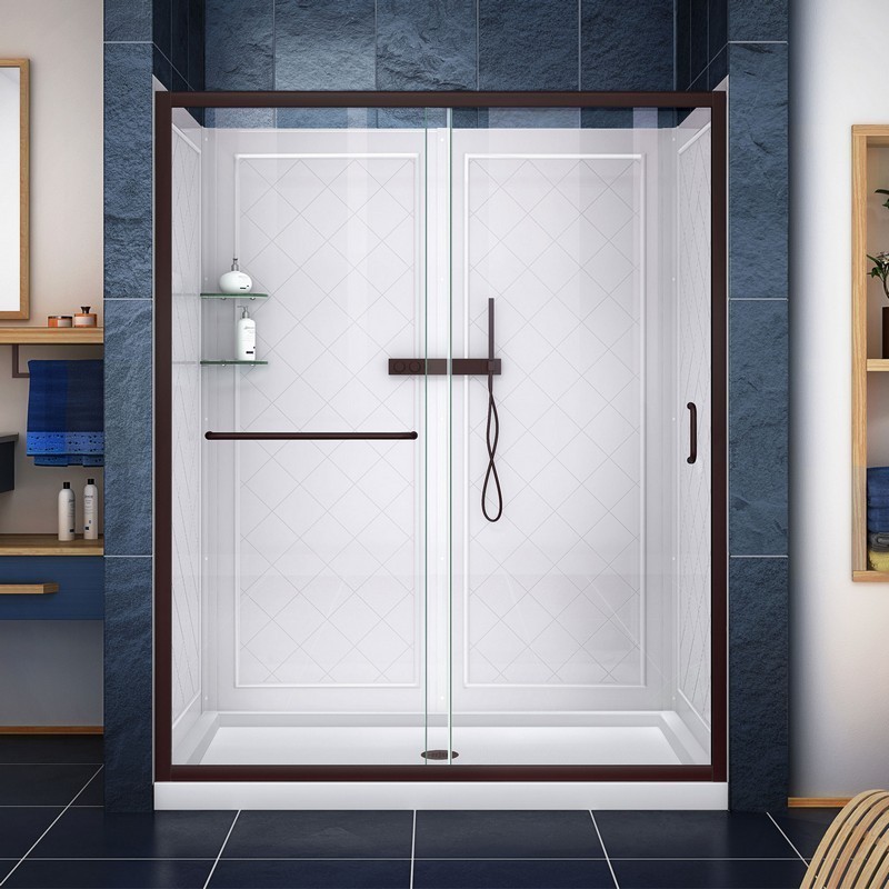 DREAMLINE DL-6107-CL DREAMLINE INFINITY-Z 36 INCH D X 48 INCH W X 76 3/4 INCH H SEMI-FRAMELESS SLIDING SHOWER DOOR WITH SHOWER BASE AND Q-WALL-5 BACKWALL KIT WITH CLEAR GLASS