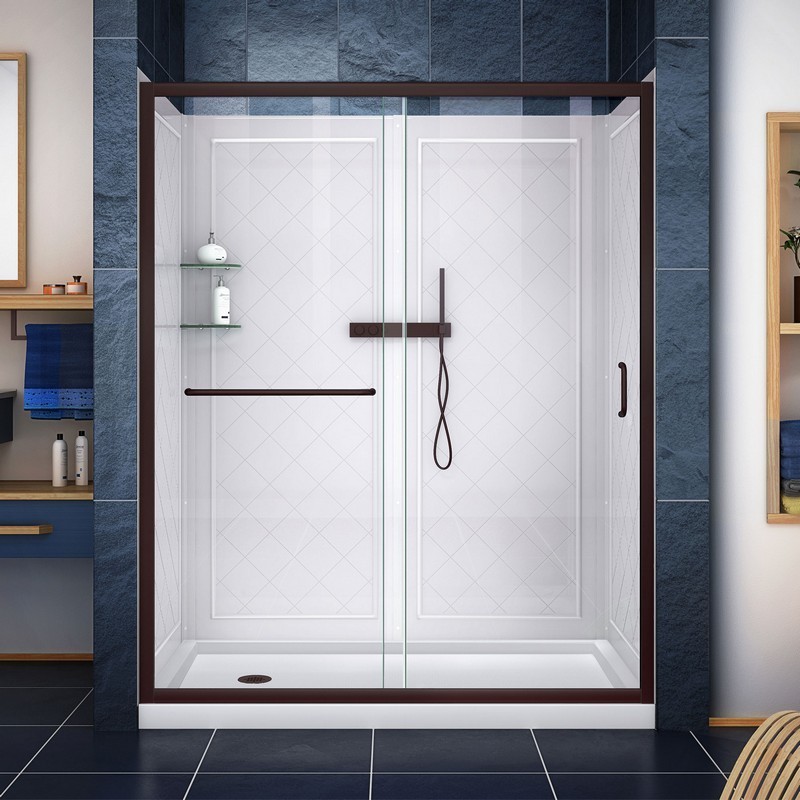 DREAMLINE DL-6116-CL DREAMLINE INFINITY-Z 30 INCH D X 60 INCH W X 76 3/4 INCH H SEMI-FRAMELESS SLIDING SHOWER DOOR WITH SHOWER BASE AND QWALL-5 BACKWALL KIT WITH CLEAR GLASS