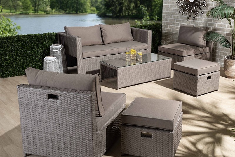 BAXTON STUDIO MLM-210592-LIGHT GREY HAINA MODERN AND CONTEMPORARY FABRIC UPHOLSTERED AND SYNTHETIC RATTAN SIX PIECE PATIO SET - GREY
