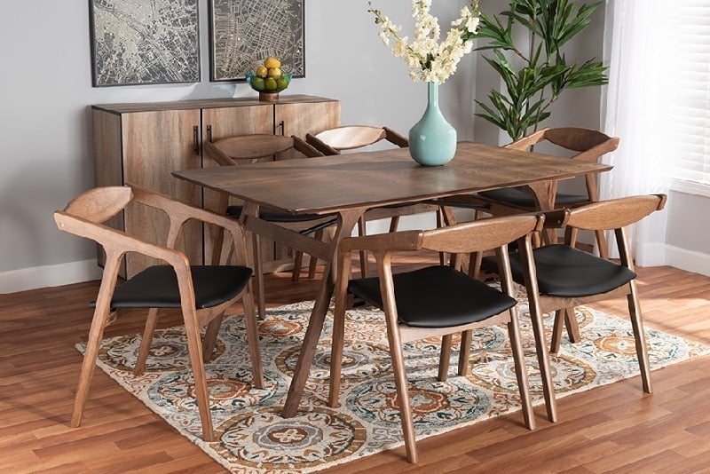 BAXTON STUDIO RDC809B-AC-7PC Dining Set HARLAND MID-CENTURY MODERN FAUX LEATHER UPHOLSTERED AND WOOD SEVEN PIECE DINING SET