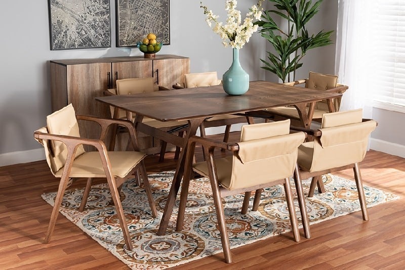 BAXTON STUDIO RDC828-7PC Dining Set MARCENA MID-CENTURY MODERN IMITATION LEATHER UPHOLSTERED AND WOOD SEVEN PIECE DINING SET