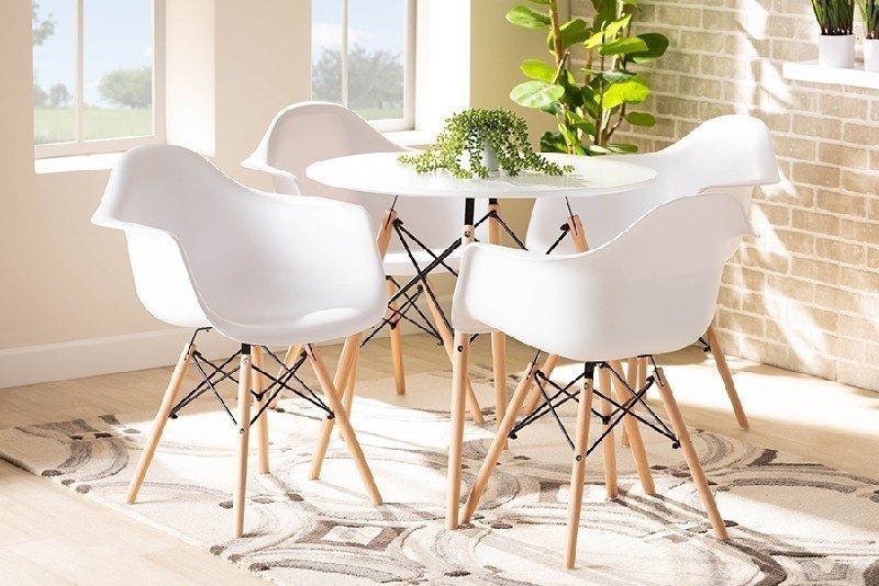 BAXTON STUDIO AY-PC12-WHITE-5PC DINING SET GALEN MODERN AND CONTEMPORARY POLYPROPYLENE PLASTIC AND WOOD FIVE-PIECE DINING SET - WHITE AND OAK BROWN