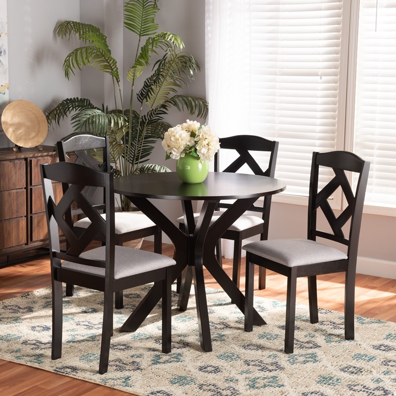 BAXTON STUDIO CARLIN-GREY/DARK BROWN-5PC DINING SET CARLIN MODERN TRANSITIONAL FABRIC UPHOLSTERED AND FINISHED WOOD 5-PIECE DINING SET - GREY AND DARK BROWN