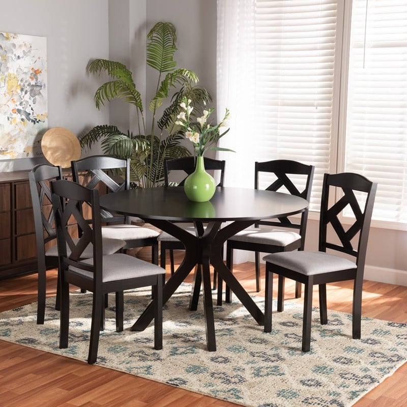 BAXTON STUDIO CARLIN-GREY/DARK BROWN-7PC DINING SET CARLIN MODERN TRANSITIONAL FABRIC UPHOLSTERED AND WOOD 7-PIECE DINING SET - GREY AND DARK BROWN