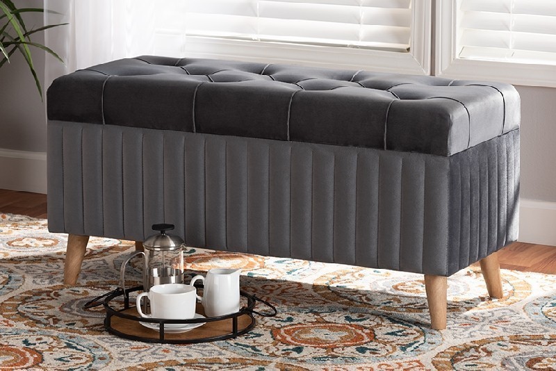 BAXTON STUDIO HY2A19B046S-Otto HANLEY 39 3/8 INCH MODERN AND CONTEMPORARY VELVET FABRIC UPHOLSTERED AND WOOD STORAGE OTTOMAN