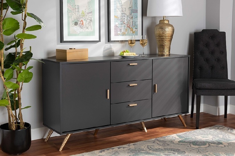 BAXTON STUDIO LV19BFT1917-DARK GREY-BUFFET KELSON 58 3/4 INCH MODERN AND CONTEMPORARY WOOD TWO DOOR SIDEBOARD BUFFET - DARK GREY AND GOLD