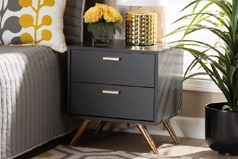 BAXTON STUDIO LV19ST1924-DARK GREY-NS KELSON 18 7/8 INCH MODERN AND CONTEMPORARY WOOD TWO DRAWER NIGHTSTAND - DARK GREY AND GOLD