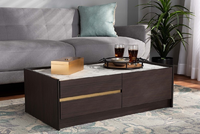 BAXTON STUDIO LV25CFT2514-MODI WENGE/MARBLE-CT WALKER 41 1/4 INCH MODERN AND CONTEMPORARY WOOD COFFEE TABLE WITH FAUX MARBLE TOP - DARK BROWN AND GOLD