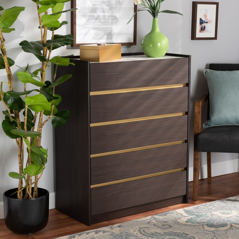 BAXTON STUDIO LV25COD25230-MODI WENGE/MARBLE-5DW-CHEST WALKER 31 1/2 INCH MODERN AND CONTEMPORARY WOOD 5-DRAWER CHEST WITH FAUX MARBLE TOP - DARK BROWN AND GOLD