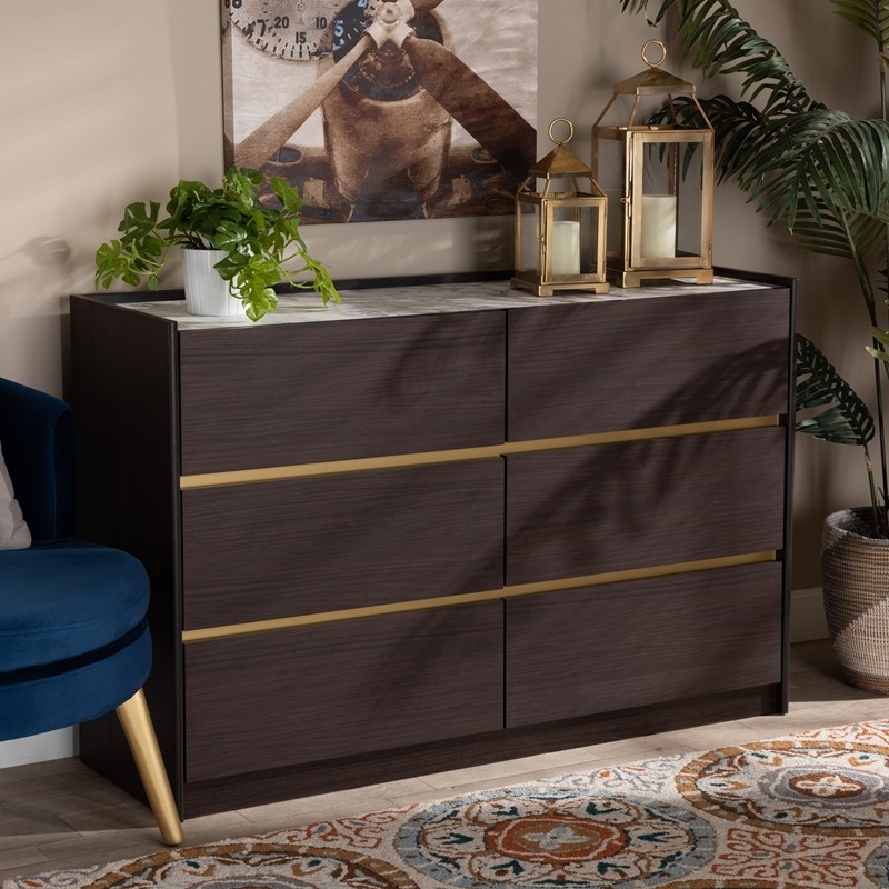 BAXTON STUDIO LV25COD25231-MODI WENGE/MARBLE-6DW-DRESSER WALKER 48 INCH MODERN AND CONTEMPORARY WOOD 6-DRAWER DRESSER WITH FAUX MARBLE TOP - DARK BROWN AND GOLD