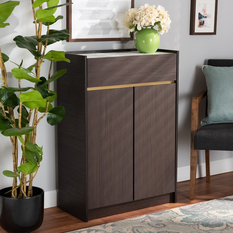 BAXTON STUDIO LV25SC2515-MODI WENGE/MARBLE-SHOE CABINET WALKER 27 1/2 INCH MODERN AND CONTEMPORARY WOOD SHOE CABINET WITH FAUX MARBLE TOP - DARK BROWN AND GOLD