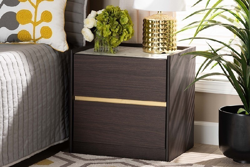 BAXTON STUDIO LV25ST2524-MODI WENGE/MARBLE-NS WALKER 18 7/8 INCH MODERN AND CONTEMPORARY AND WOOD NIGHTSTAND WITH FAUX MARBLE TOP - DARK BROWN AND GOLD