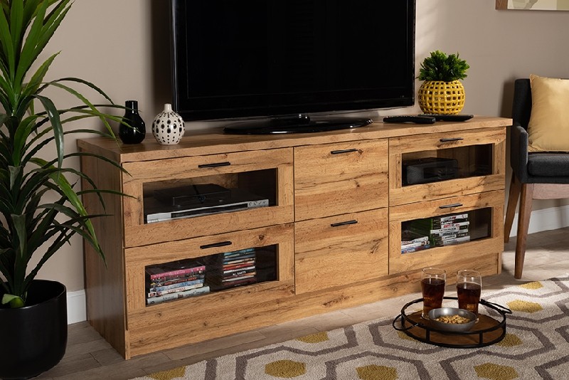 BAXTON STUDIO TV834133-H-WOTAN OAK ADELINO 63 INCH MODERN AND CONTEMPORARY WOOD TWO DRAWER TV STAND - OAK BROWN