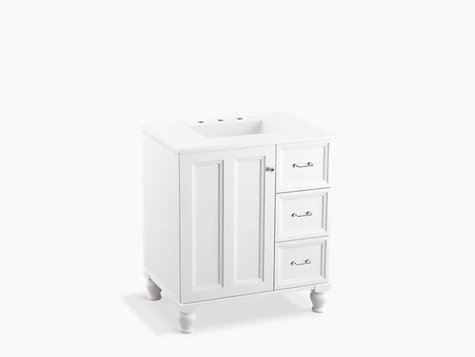 KOHLER K-99517-LGR DAMASK 30 INCH BATHROOM VANITY CABINET WITH FURNITURE LEGS, ONE DOOR AND THREE DRAWERS ON RIGHT