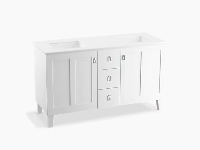 KOHLER K-99537-LG POPLIN 60 INCH BATHROOM VANITY CABINET WITH LEGS, TWO DOORS AND THREE DRAWERS