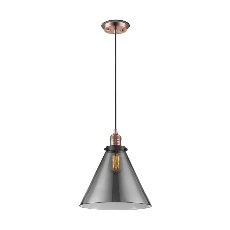 INNOVATIONS LIGHTING 201CBP-G43-L FRANKLIN RESTORATION X-LARGE CONE 1 LIGHT 12 INCH PLATED SMOKE GLASS MINI PENDANT