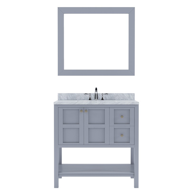 VIRTU USA ES-30036-WMSQ-GR-00 WINTERFELL 36 INCH SINGLE BATH VANITY IN GREY WITH MARBLE TOP AND SQUARE SINK WITH FAUCET AND MIRROR