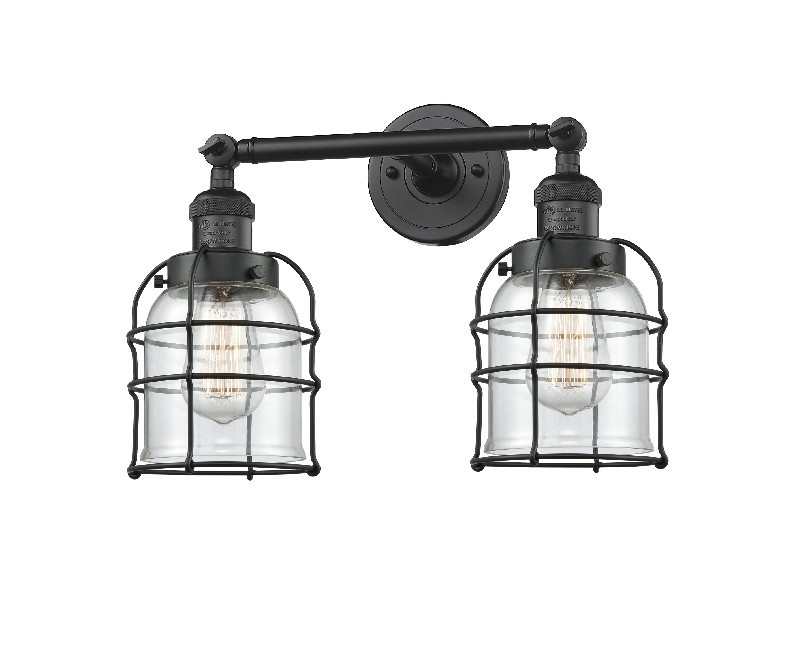 INNOVATIONS LIGHTING 208-BK-G52-CE FRANKLIN RESTORATION SMALL BELL CAGE 16 INCH TWO LIGHT WALL MOUNT CLEAR GLASS VANITY LIGHT