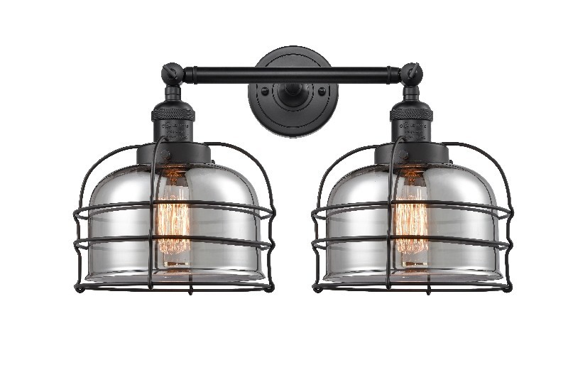 INNOVATIONS LIGHTING 208L-G73-CE FRANKLIN RESTORATION LARGE BELL CAGE 2 LIGHT 9 INCH WALL MOUNT PLATED SMOKED GLASS VANITY LIGHT