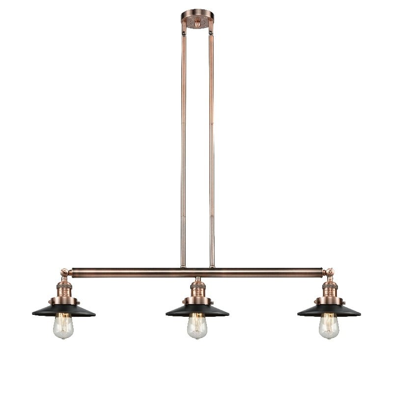 INNOVATIONS LIGHTING 213-AC-M6BK FRANKLIN RESTORATION RAILROAD 3 LIGHT 40 1/2 INCH METAL SHADE ISLAND LIGHT - ANTIQUE COPPER/MATTE BLACK