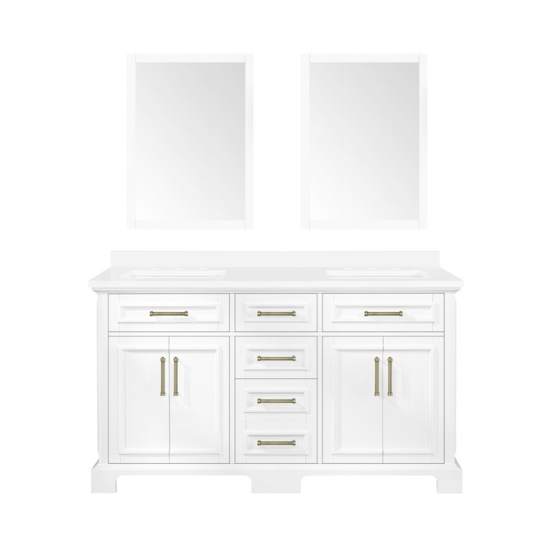 OVE DECORS 15VKM-SA602W-007GF SARAH 60 INCH DOUBLE SINK BATHROOM VANITY IN WHITE WITH NICKEL HARDWARE AND EXTRA SATIN BRASS HARDWARE AND WHITE MIRROR