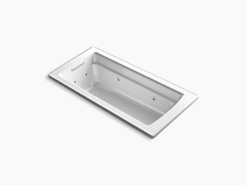 KOHLER K-1949-H ARCHER 66 INCH X 32 INCH ACRYLIC DROP-IN RECTANGULAR SOAKING WHIRLPOOL BATHTUB WITH HEATER AND END DRAIN