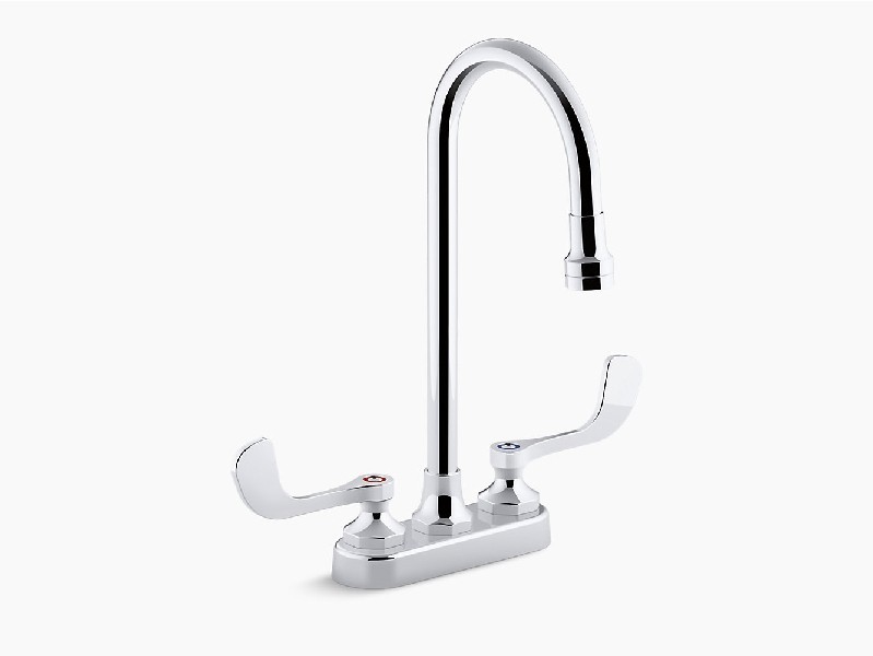 KOHLER K-400T70-5AKA-CP TRITON BOWE 12 7/8 INCH TWO HOLE DECK MOUNT CENTERSET GOOSENECK SPOUT BATHROOM FAUCET WITH AERATED FLOW AND WRISTBLADE LEVER HANDLE - POLISHED CHROME