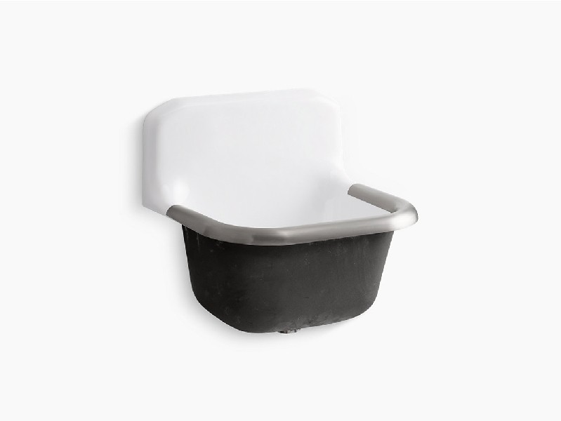 KOHLER K-6719-0 BANNON 24 INCH RECTANGULAR WALL MOUNT OR P-TRAP MOUNT SERVICE SINK WITH RIM GUARD AND BLANK BACK - WHITE
