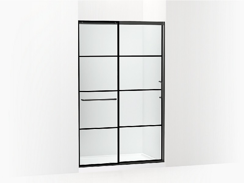 KOHLER K-707613-8G79-BL ELATE TALL 47 5/8 INCH SEMI-FRAMELESS SLIDING SHOWER DOOR WITH 3/8 INCH THICK CRYSTAL CLEAR GLASS AND RECTANGULAR GRILLE PATTERN - MATTE BLACK