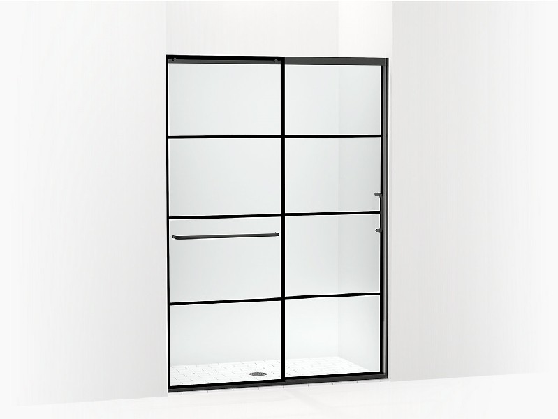 KOHLER K-707614-8G79-BL ELATE TALL 53 5/8 INCH SEMI-FRAMELESS SLIDING SHOWER DOOR WITH 3/8 INCH THICK CRYSTAL CLEAR GLASS AND RECTANGULAR GRILLE PATTERN - MATTE BLACK