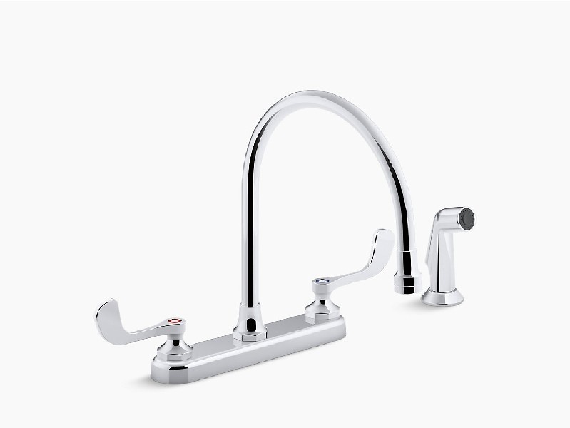 KOHLER K-810T71-5AFA-CP TRITON BOWE 12 INCH THREE HOLE DECK MOUNT WIDESPREAD BATHROOM FAUCET WITH WRISTBLADE LEVER HANDLE AND SIDESPRAY - POLISHED CHROME