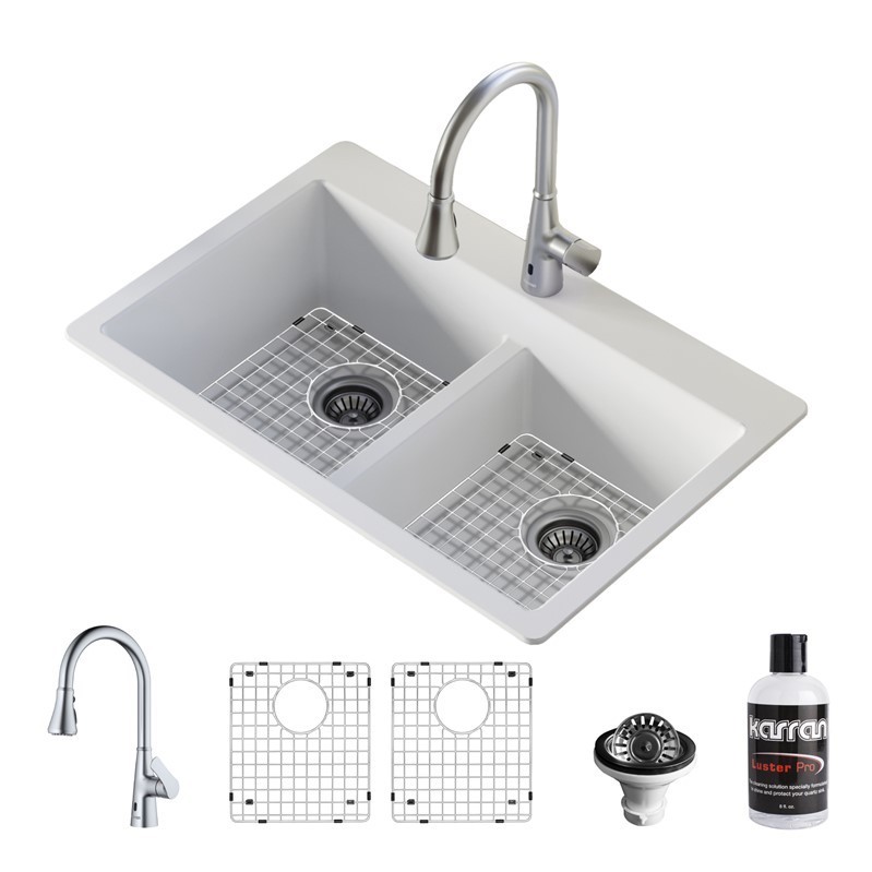 KARRAN QT810WHKKF340SS 33 INCH  DOUBLE BOWL 50/50 QUARTZ KITCHEN SINK WITH FAUCET - WHITE AND STAINLESS STEEL