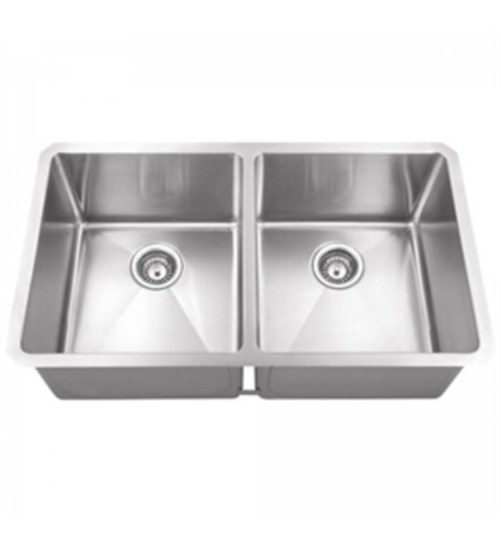 HARDWARE RESOURCES HMS250 32 INCH 16 GAUGE RECTANGLE UNDERMOUNT HANDMADE STAINLESS STEEL 50/50 DOUBLE BOWL SINK