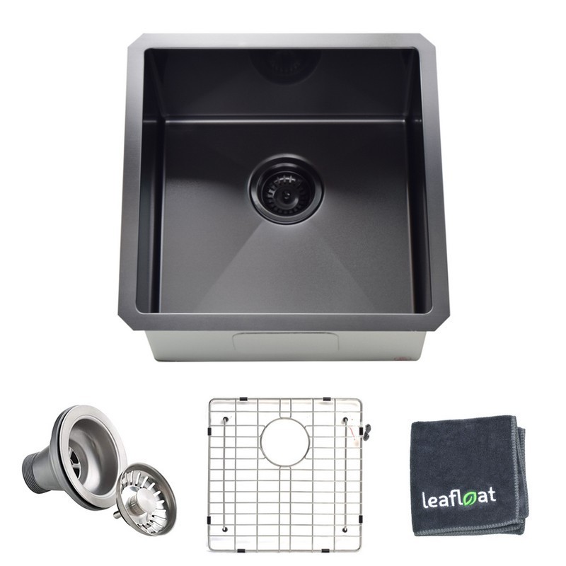 LEAFLOAT LF-1818-GM 18 INCH UNDERMOUNT SINGLE BOWL 16 GAUGE STAINLESS STEEL BLACK NANO KITCHEN SINK WITH STRAINER AND BOTTOM GRID - SATIN