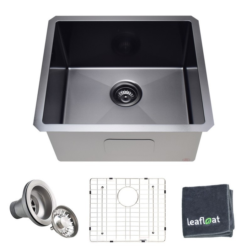 LEAFLOAT LF-2018-GM 20 INCH UNDERMOUNT SINGLE BOWL 16 GAUGE STAINLESS STEEL BLACK NANO KITCHEN SINK WITH STRAINER AND BOTTOM GRID - SATIN