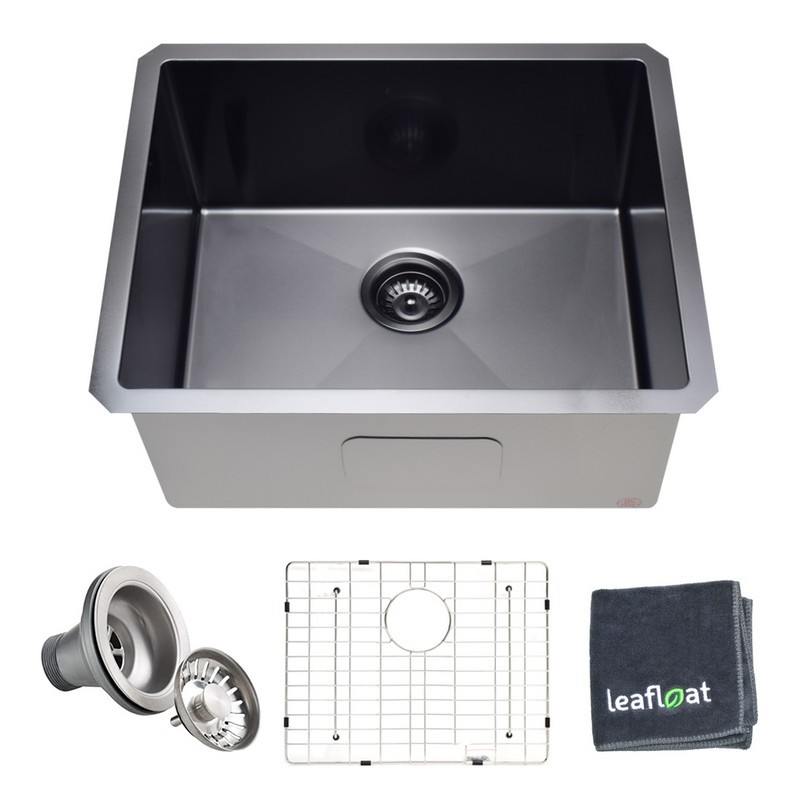 LEAFLOAT LF-2518-GM 25 INCH UNDERMOUNT SINGLE BOWL 16 GAUGE STAINLESS STEEL BLACK NANO KITCHEN SINK WITH STRAINER AND BOTTOM GRID - SATIN