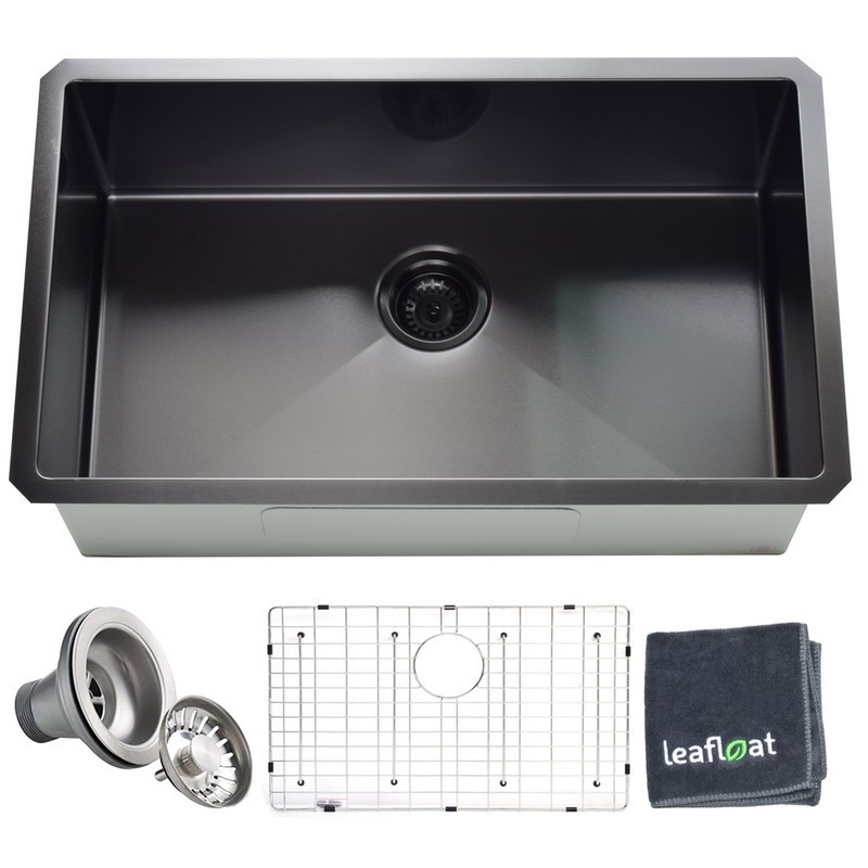 LEAFLOAT LF-3018-GM 30 INCH UNDERMOUNT SINGLE BOWL 16 GAUGE STAINLESS STEEL BLACK NANO KITCHEN SINK WITH STRAINER AND BOTTOM GRID - SATIN