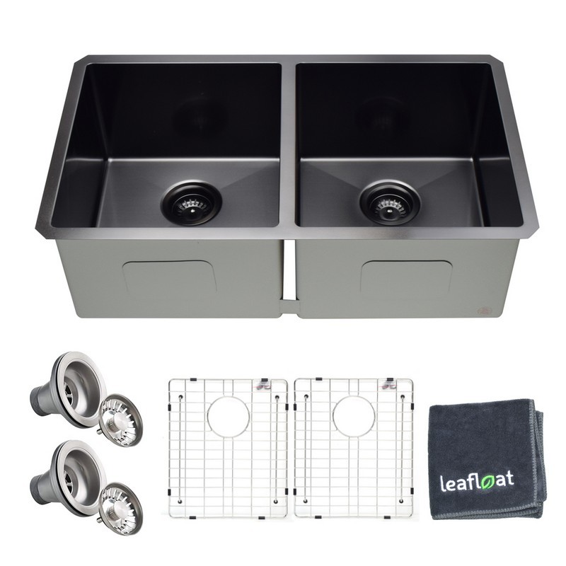 LEAFLOAT LF-3218-GM 32 INCH UNDERMOUNT DOUBLE BOWL 16 GAUGE STAINLESS STEEL BLACK NANO KITCHEN SINK WITH STRAINER AND BOTTOM GRID - SATIN