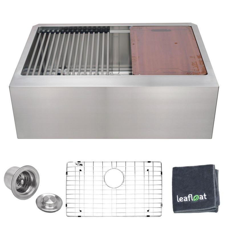 LEAFLOAT LF-APS2820LD 28 INCH APRON SINGLE BOWL 16 GAUGE STAINLESS STEEL FARMHOUSE KITCHEN SINK WITH STRAINER AND BOTTOM GRID - SATIN