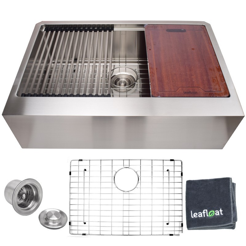 LEAFLOAT LF-APS3020LD 30 INCH APRON SINGLE BOWL 16 GAUGE STAINLESS STEEL FARMHOUSE KITCHEN SINK WITH STRAINER AND BOTTOM GRID - SATIN