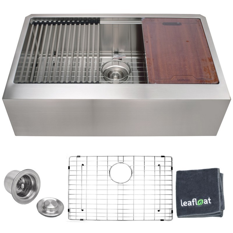 LEAFLOAT LF-APS3220LD 32 INCH APRON SINGLE BOWL 16 GAUGE STAINLESS STEEL FARMHOUSE KITCHEN SINK WITH STRAINER AND BOTTOM GRID - SATIN