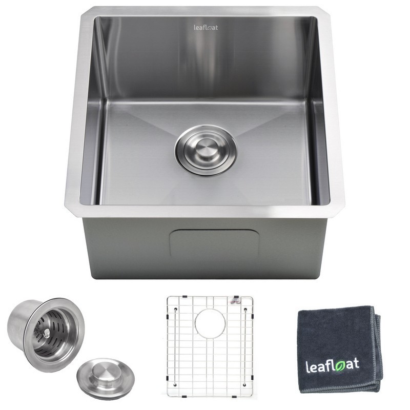 LEAFLOAT LF-HS1618 16 INCH UNDERMOUNT SINGLE BOWL 18 GAUGE STAINLESS STEEL KITCHEN BAR SINK WITH STRAINER AND BOTTOM GRID - SATIN