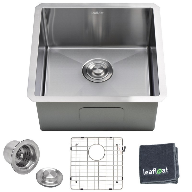 LEAFLOAT LF-HS1818 18 INCH UNDERMOUNT SINGLE BOWL 18 GAUGE STAINLESS STEEL KITCHEN BAR SINK WITH STRAINER AND BOTTOM GRID - SATIN