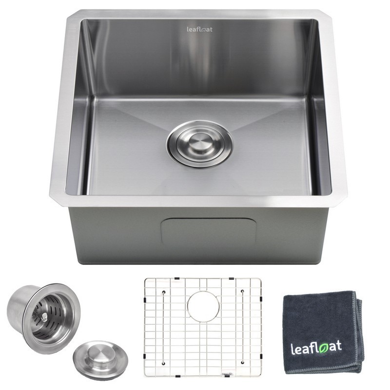LEAFLOAT LF-HS2018 20 INCH UNDERMOUNT SINGLE BOWL 18 GAUGE STAINLESS STEEL KITCHEN BAR SINK WITH STRAINER AND BOTTOM GRID - SATIN