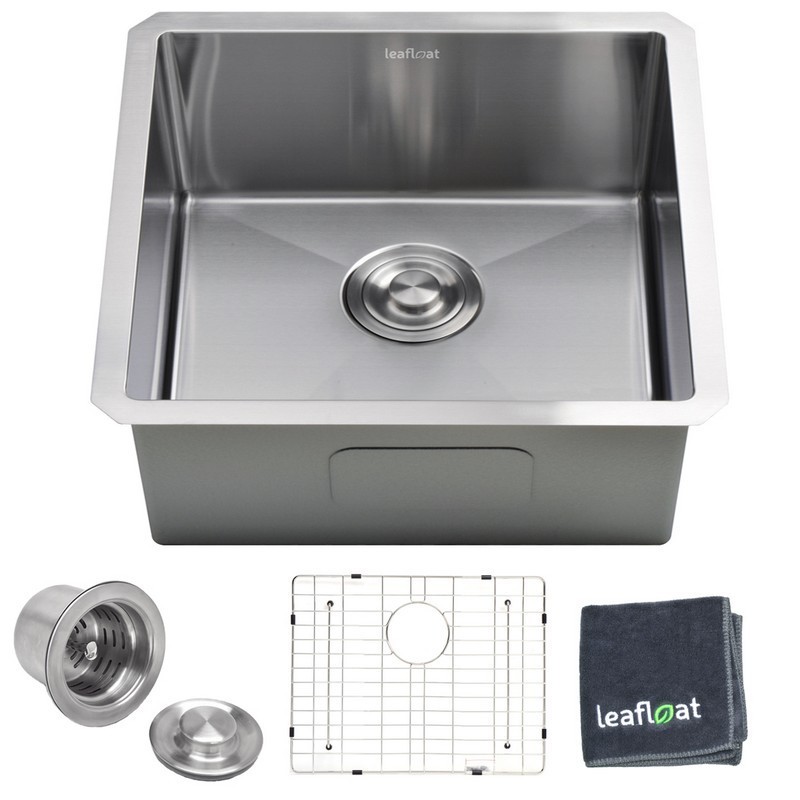 LEAFLOAT LF-HS2218 22 INCH UNDERMOUNT SINGLE BOWL 18 GAUGE STAINLESS STEEL KITCHEN BAR SINK WITH STRAINER AND BOTTOM GRID - SATIN