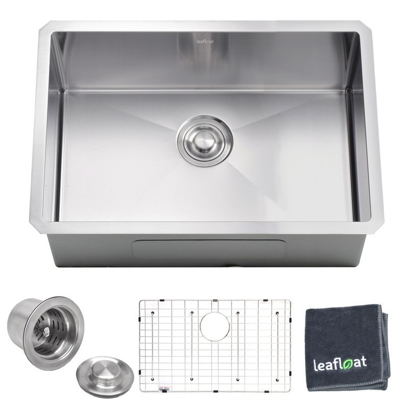 LEAFLOAT LF-HS2818 28 INCH UNDERMOUNT SINGLE BOWL 18 GAUGE STAINLESS STEEL KITCHEN BAR SINK WITH STRAINER AND BOTTOM GRID - SATIN