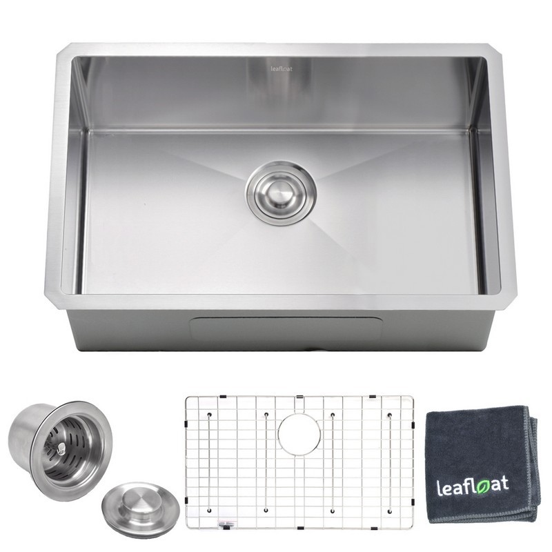 LEAFLOAT LF-HS3018 30 INCH UNDERMOUNT SINGLE BOWL 18 GAUGE STAINLESS STEEL KITCHEN BAR SINK WITH STRAINER AND BOTTOM GRID - SATIN