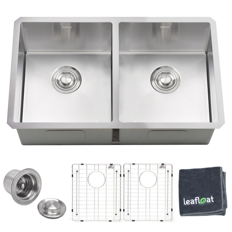 LEAFLOAT LF-HS3218 32 INCH UNDERMOUNT DOUBLE BOWL (50/50) 18 GAUGE STAINLESS STEEL KITCHEN BAR SINK WITH STRAINER AND BOTTOM GRID - SATIN