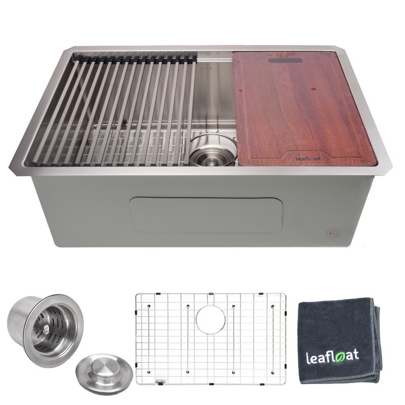 LEAFLOAT LF-L2819D 28 INCH UNDERMOUNT SINGLE BOWL 16 GAUGE STAINLESS STEEL WORKSTATION KITCHEN SINK WITH STRAINER AND BOTTOM GRID - SATIN